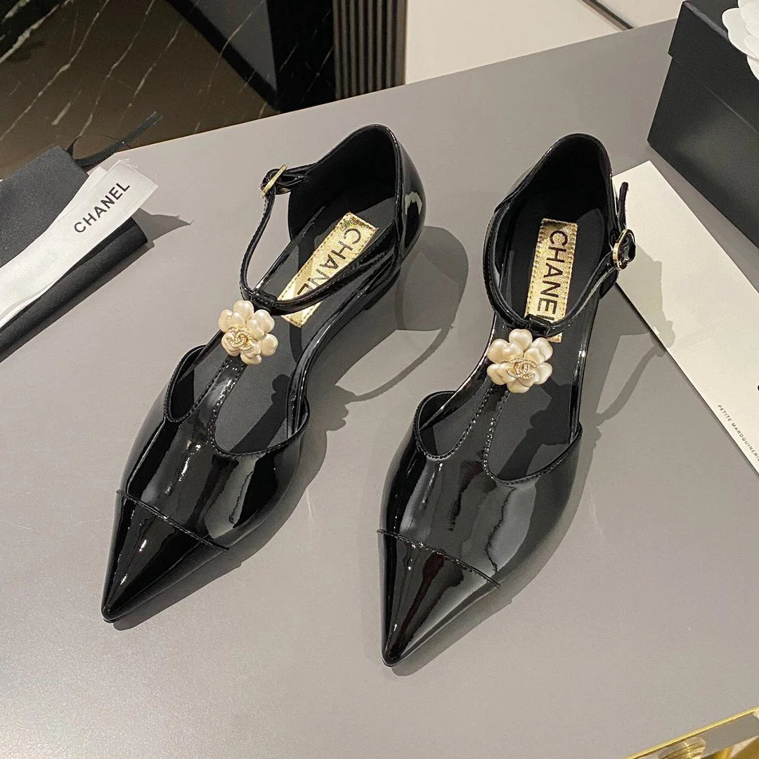 New fashionable patent leather pointed toe camellia wedge shoes 1024022204