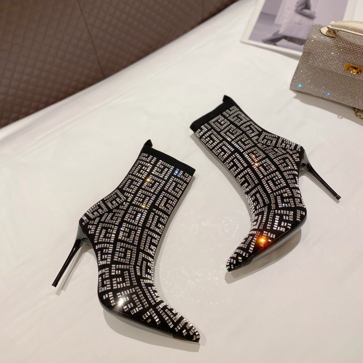 BRM Catwalk style pointed toe full diamond knitted ankle boots 0724090505