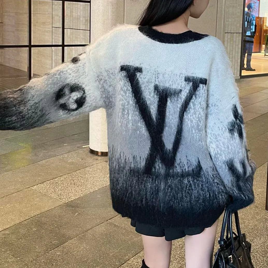 L's Gradient Grey Letter Mohair Cardigan 1024122303