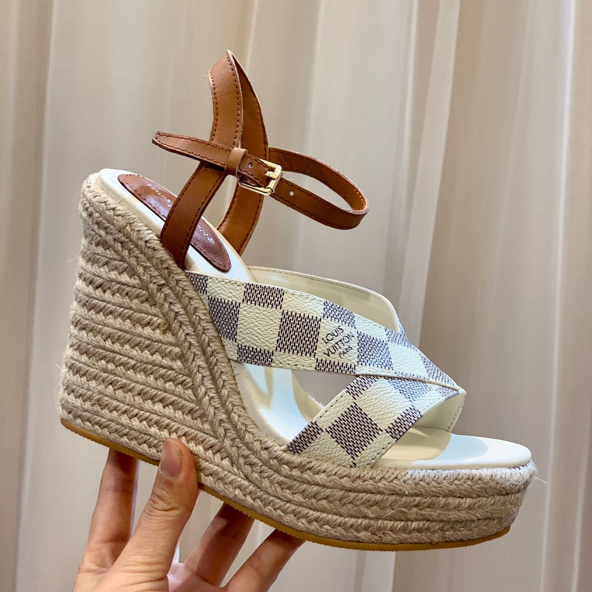 plaid print wedge sandals XC0723042607