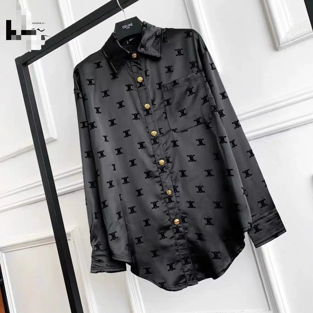 New Long Sleeve Flocking Satin Casual Print Shirt 1024042715