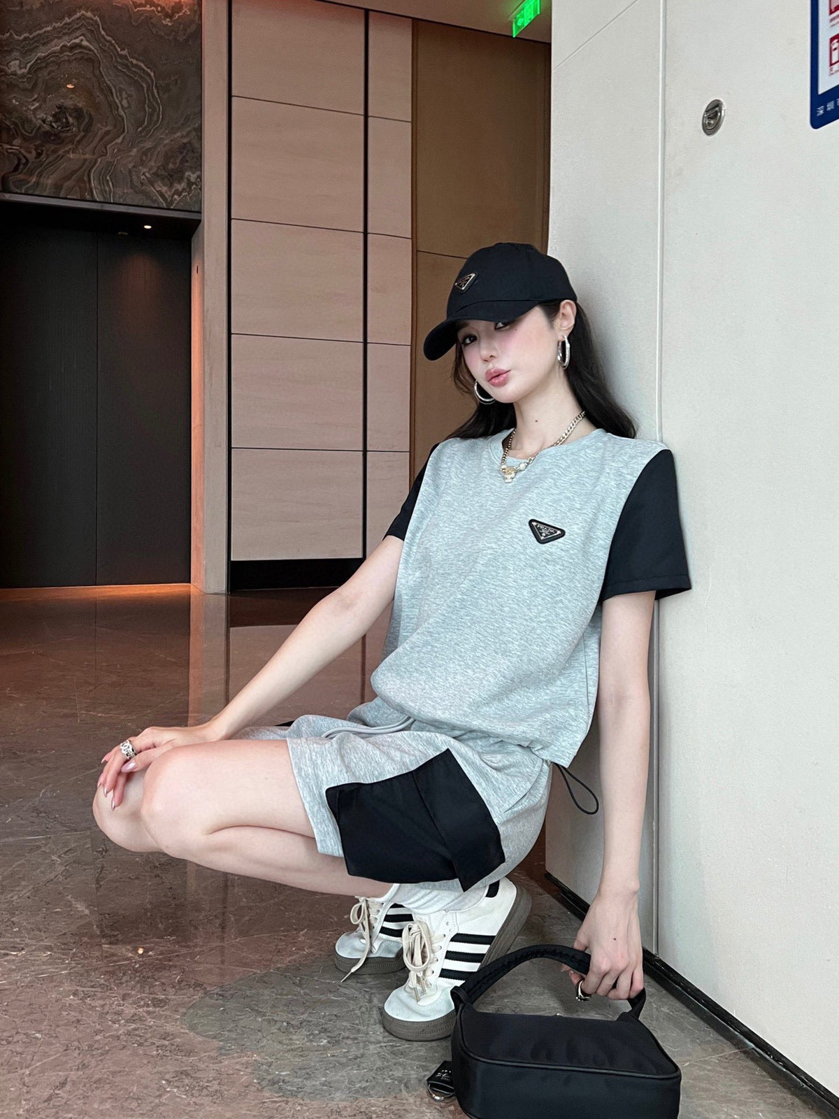 P 24ss new suit round neck splicing sweater shorts suit 0724071806