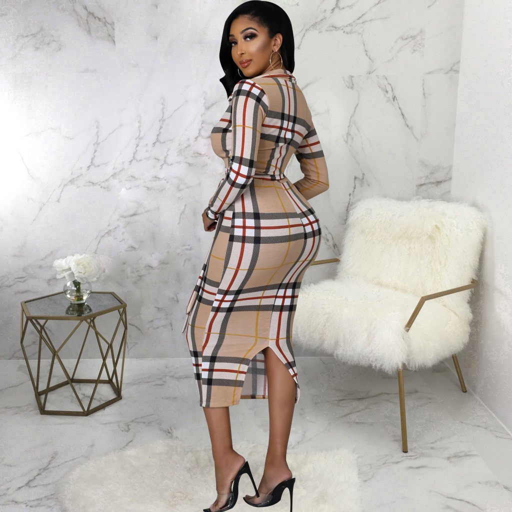 Fashion Long Sleeved Striped V-neck Wrapped Hip Dress 1023121505