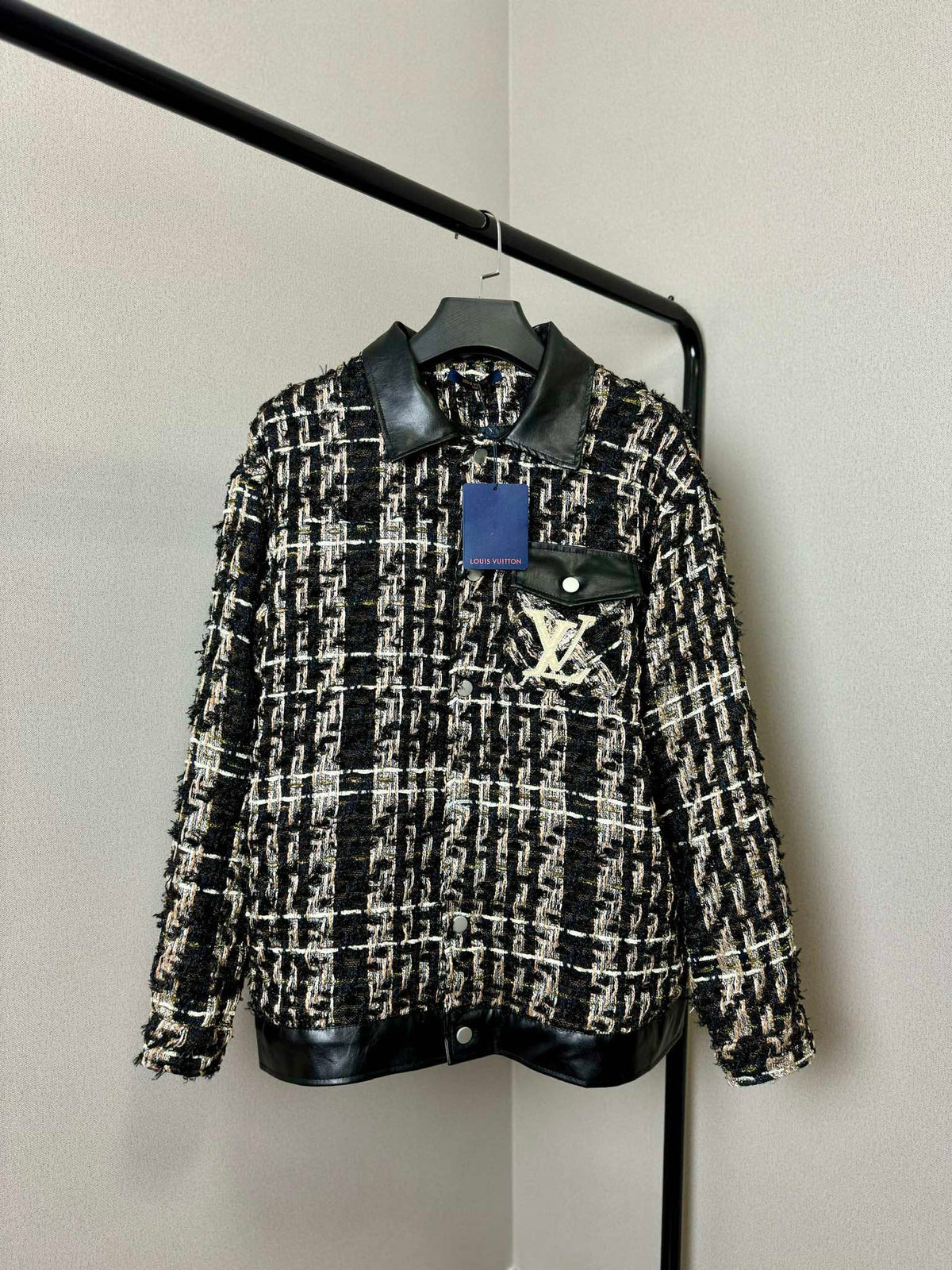 Woven plaid leather shirt jacket XC0823101901