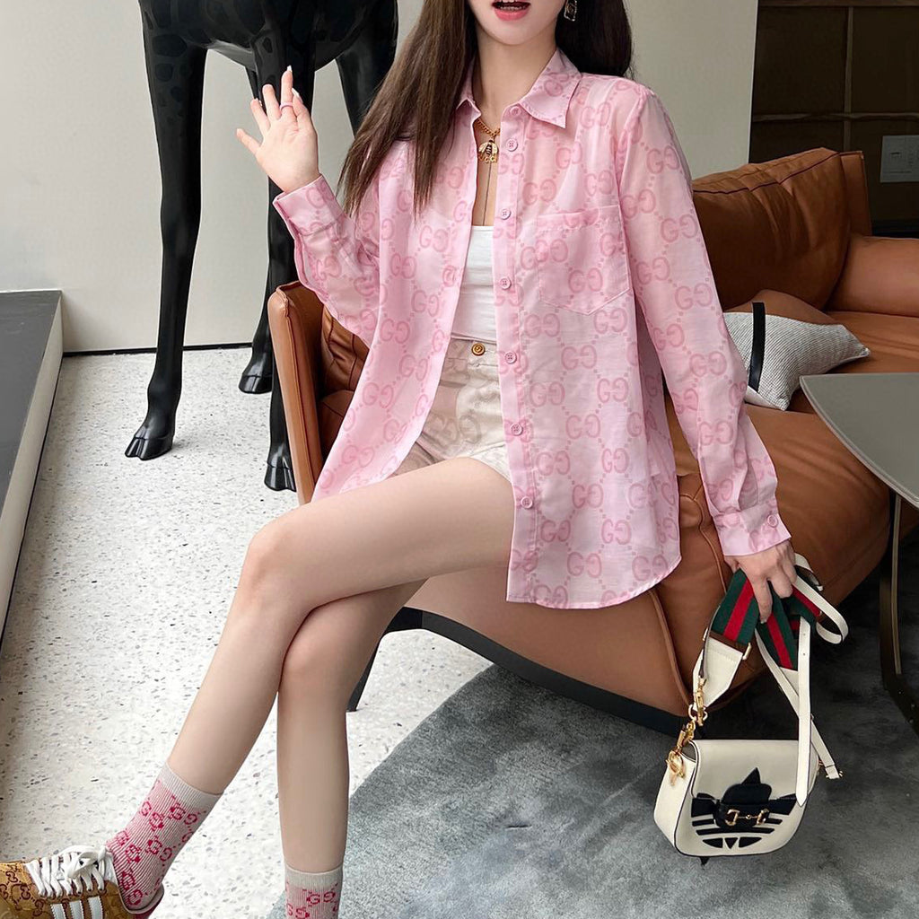 G Letter Print Lightweight Breathable Lapel Long Sleeve Shirt XC07061401