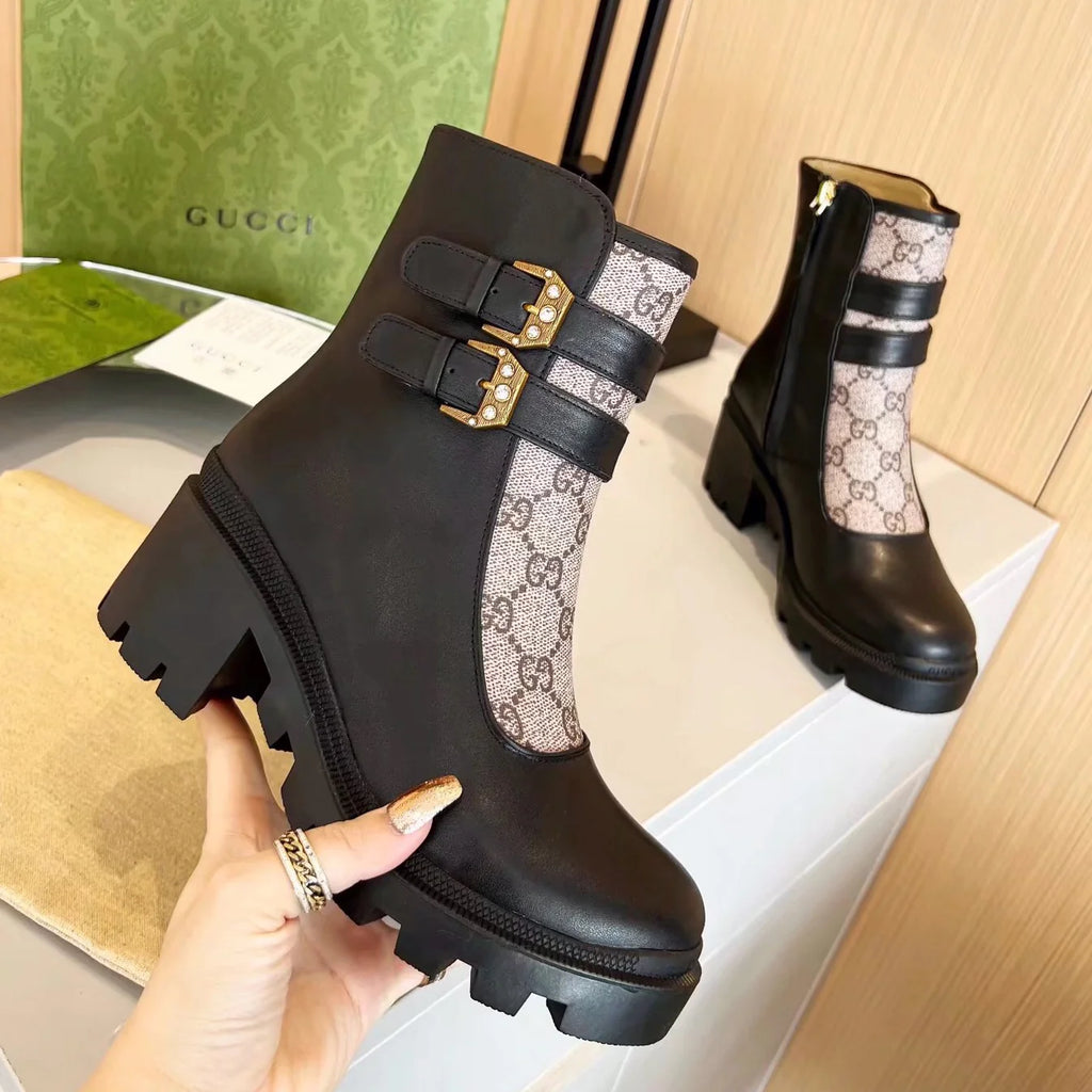 Retro Double-Strap Buckle Ankle Boots 1025103124