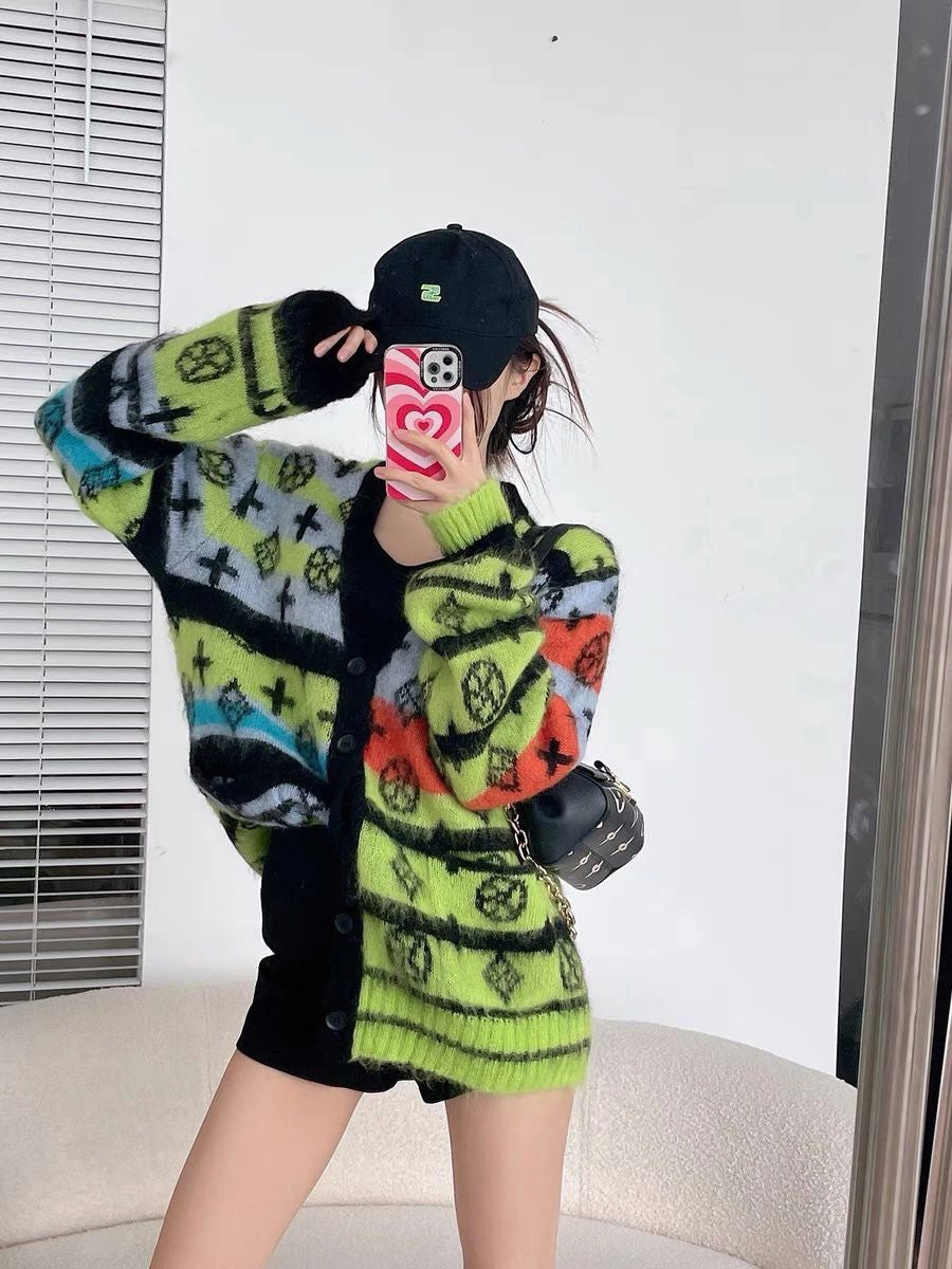 Rainbow contrast v-neck mohair knitted cardigan XC0823102701