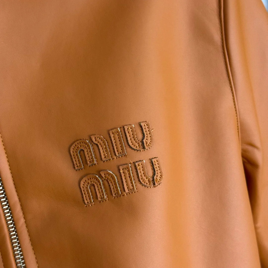Embroidered Letter Collar Long-Sleeve Zipper PU Leather Jacket 1025092315