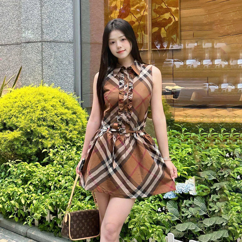 Classic pure cotton checkered vest dress 1426020203