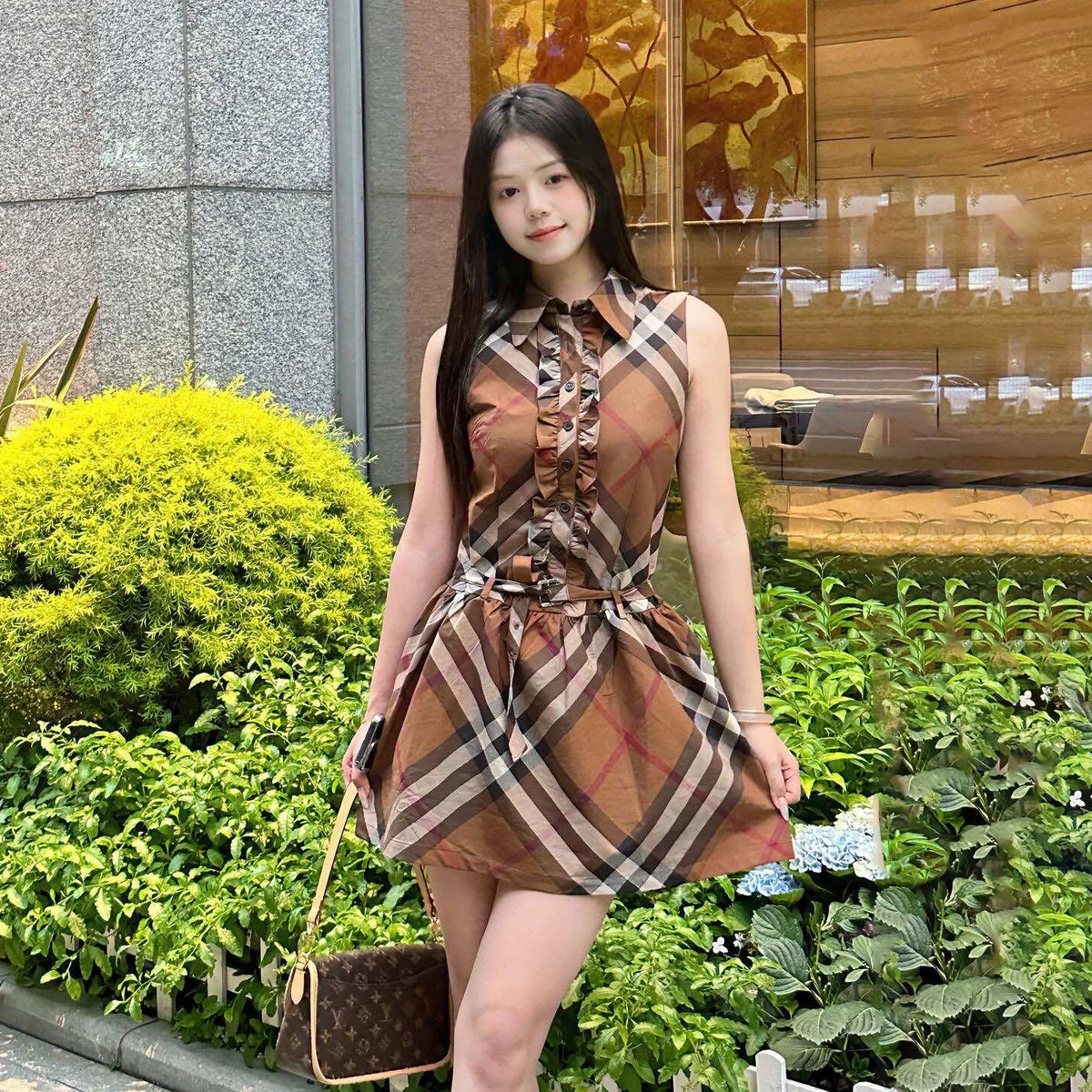 Classic pure cotton checkered vest dress 1426020203