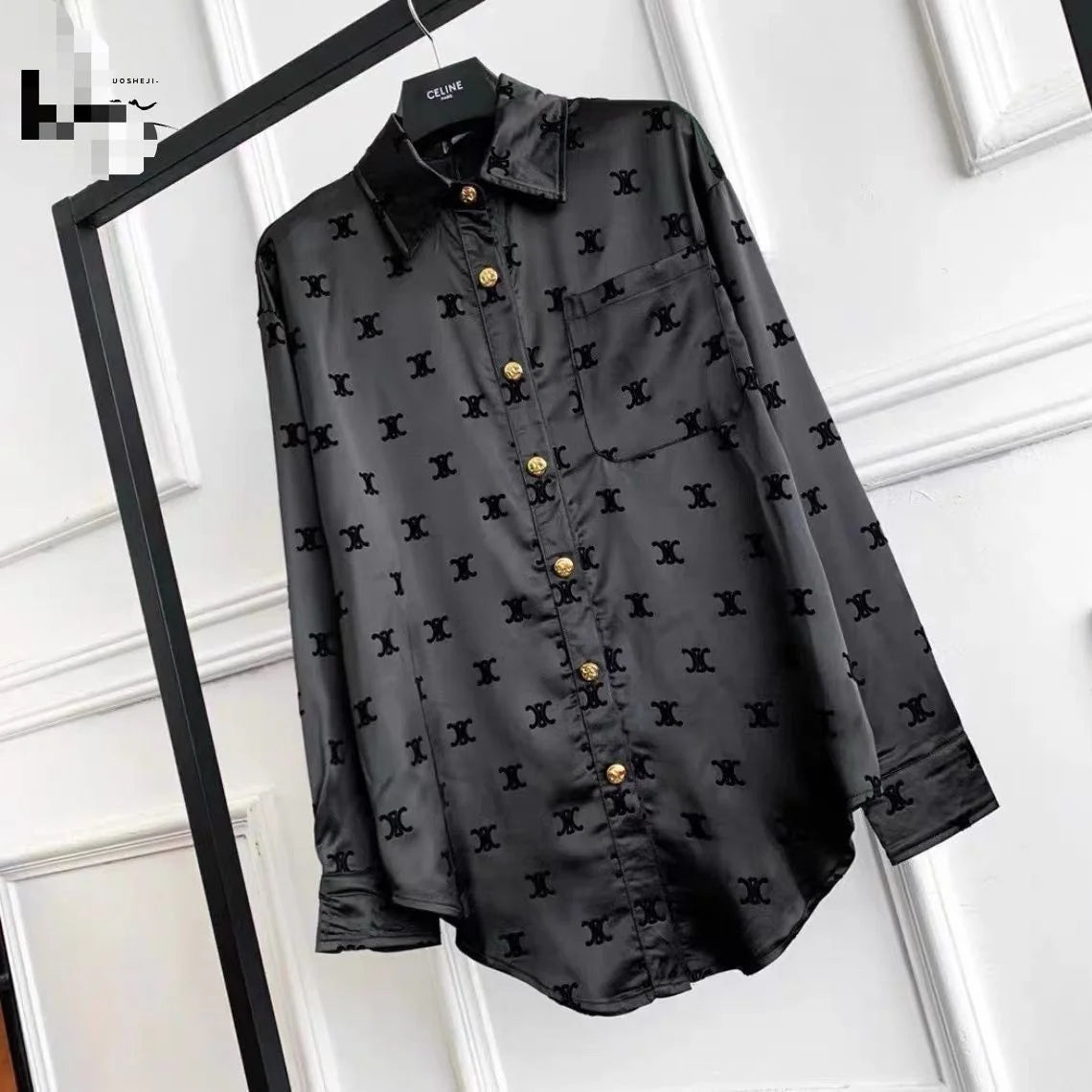 New Long Sleeve Flocking Satin Casual Print Shirt 1024042715