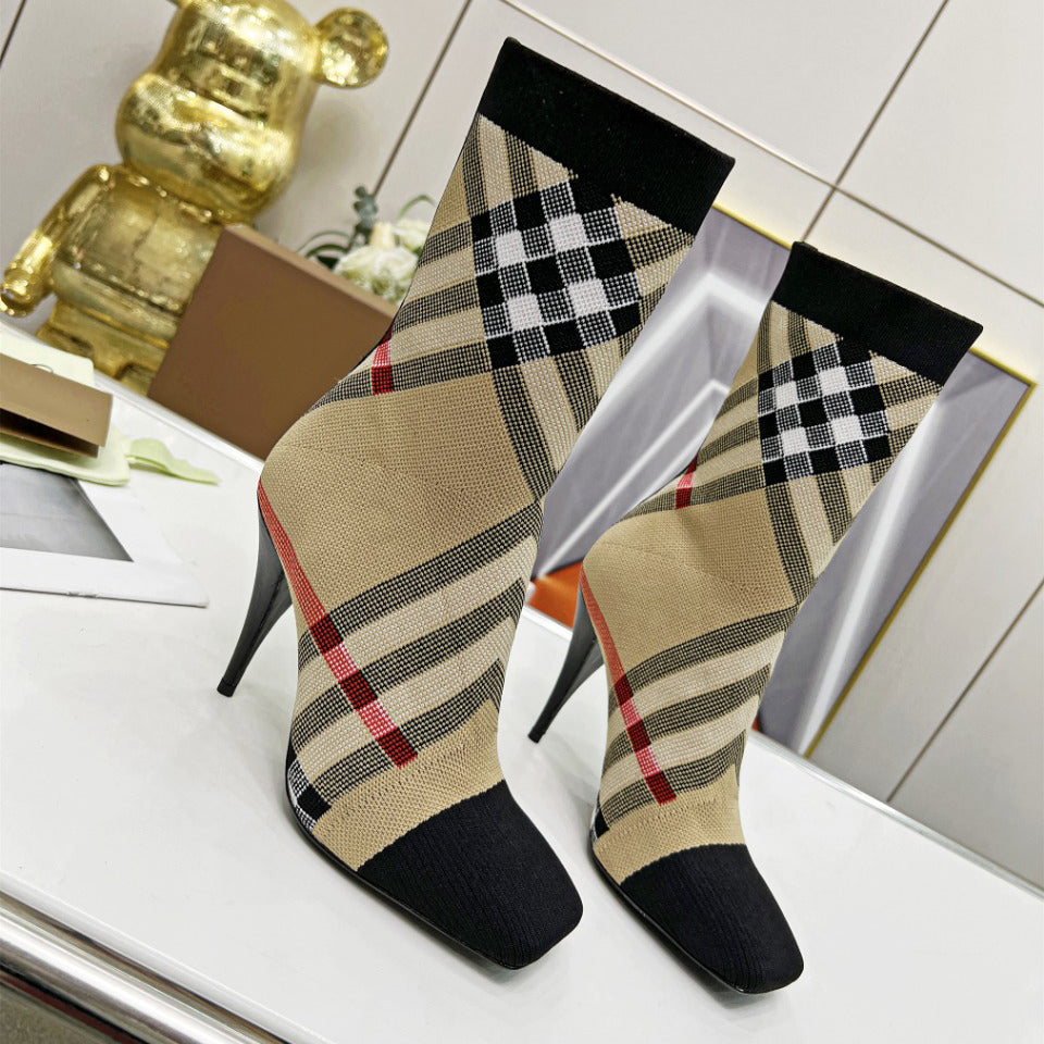 B-Plaid High Heel Boots XC07070515