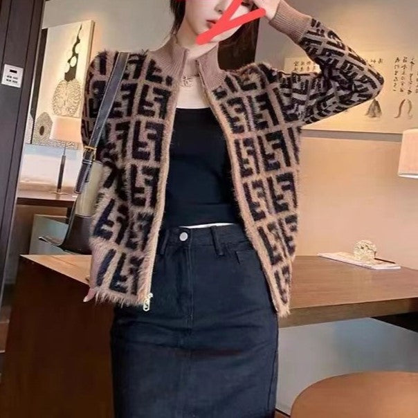 Lettering logo stand collar knitted cardigan slim fit sweater PD0823112108