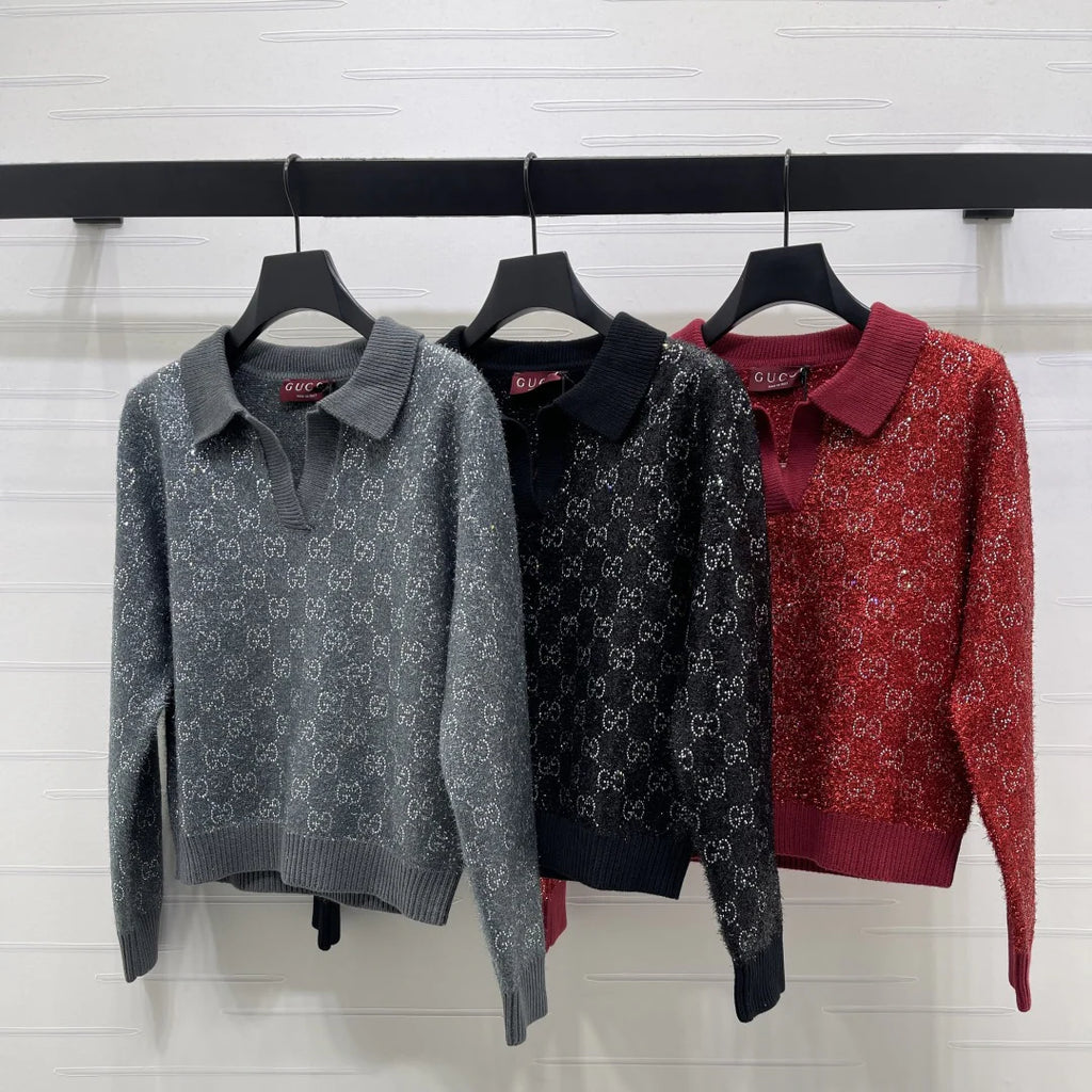 Heavy-duty collar rhinestone knit sweater 1426010407