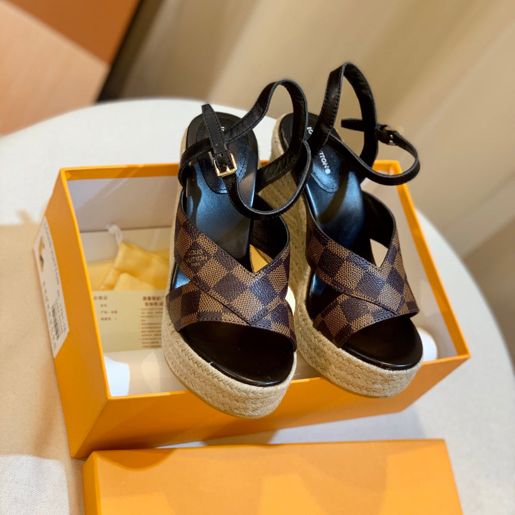 plaid print wedge sandals XC0723042607
