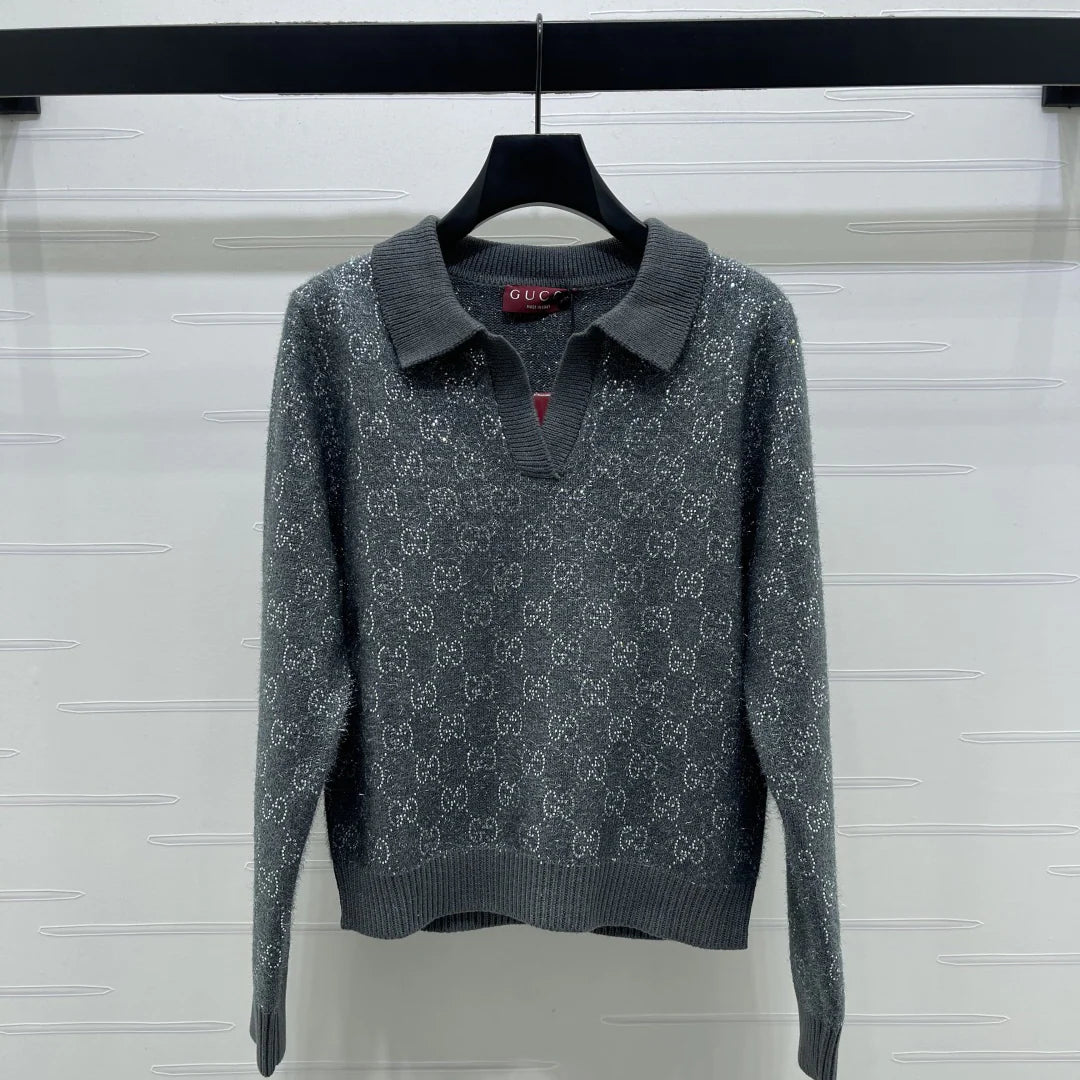 Heavy-duty collar rhinestone knit sweater 1426010407