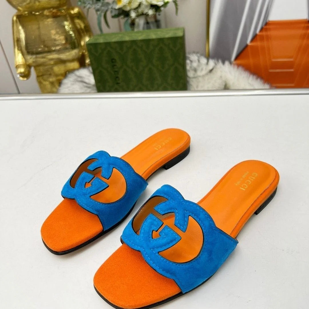 New Classic Leather Embossed Square Toe Plus Size Flat Sandals 1024062719