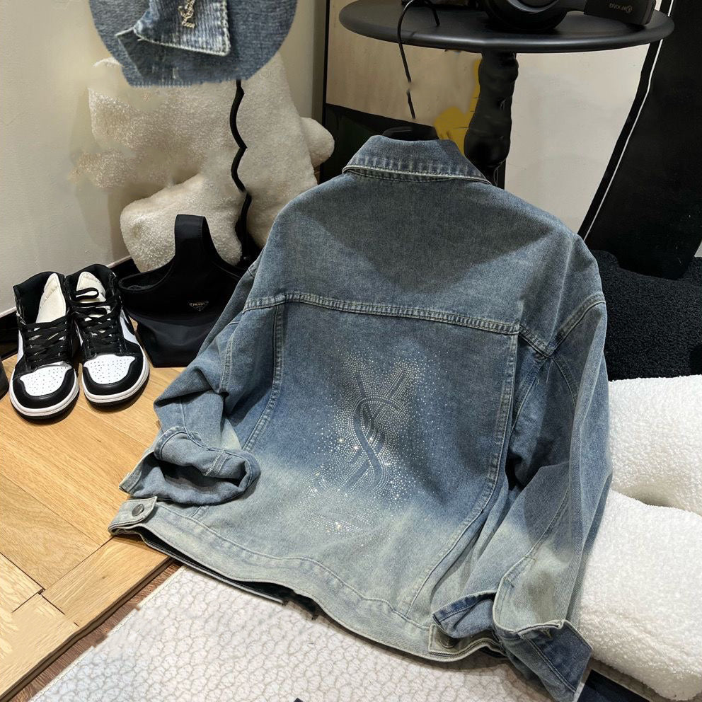 Y Metal Letter Color-changing Denim Jacket with Hot Diamond on the Back XC1823090804