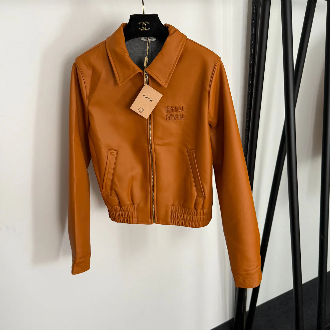 Embroidered Letter Collar Long-Sleeve Zipper PU Leather Jacket 1025092315