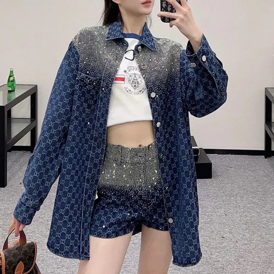 New Arrival Lapel jacquard hot diamond shirt fashion shorts　1025042810