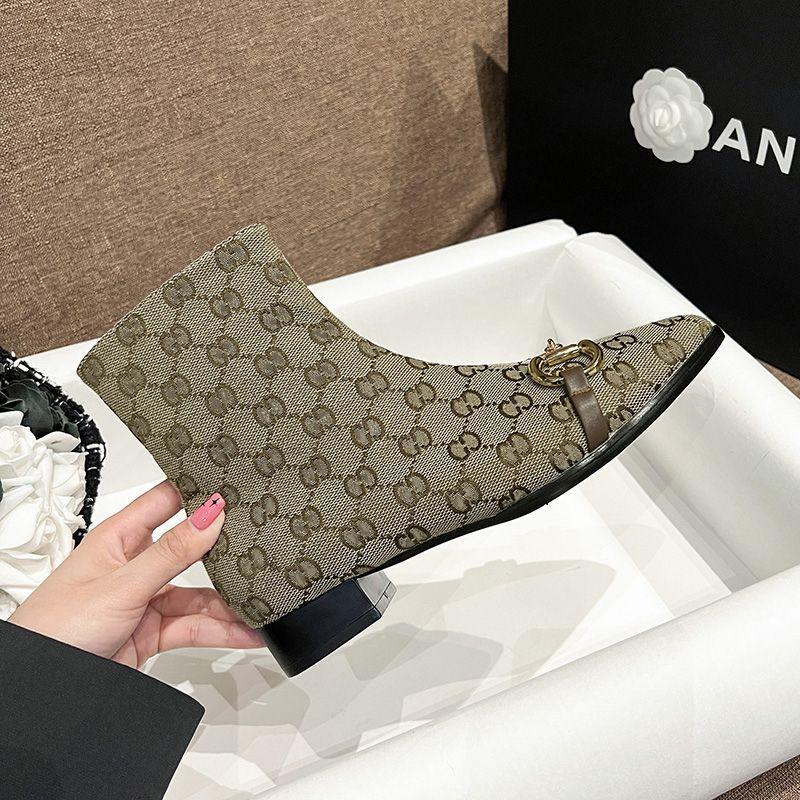 Letter Print Side Zip Canvas Short Block Heel Boots 0823112310