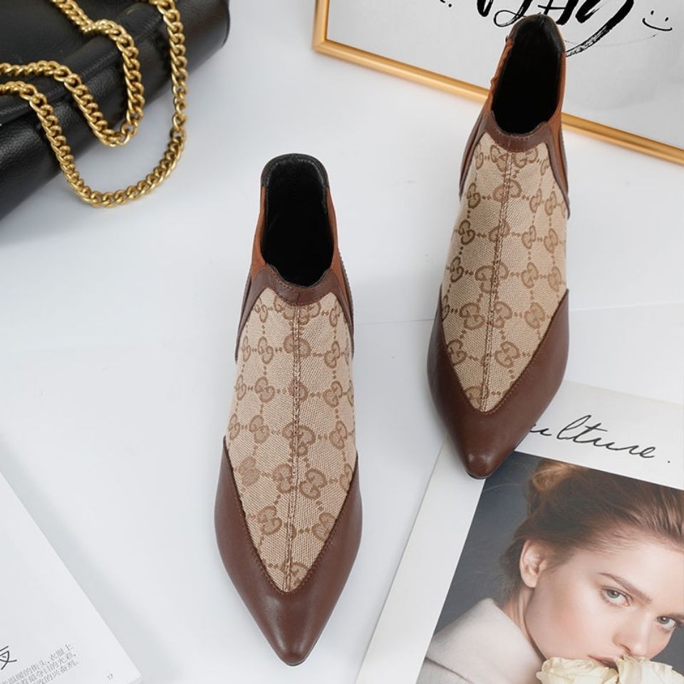 Buckle pointed toe short boots women's Martin boots women's autumn new trendy short tube stiletto boots S01