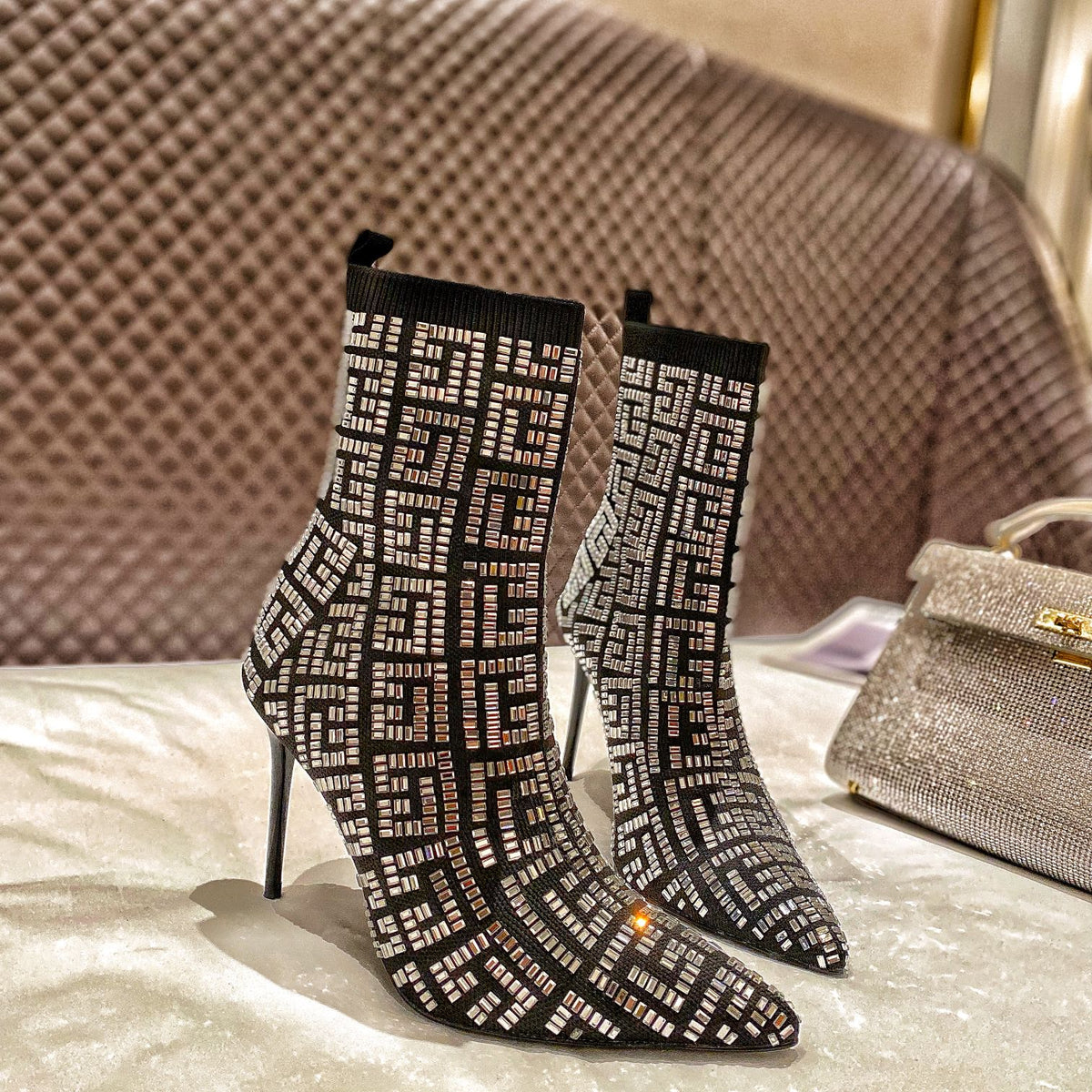 BRM Catwalk style pointed toe full diamond knitted ankle boots 0724090505