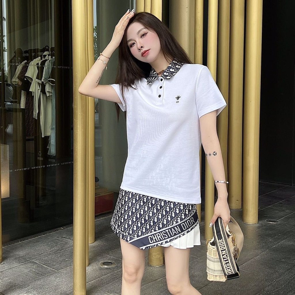 Polo shirt with presbyopic letter pleated skirt slimming suit XC0823071802
