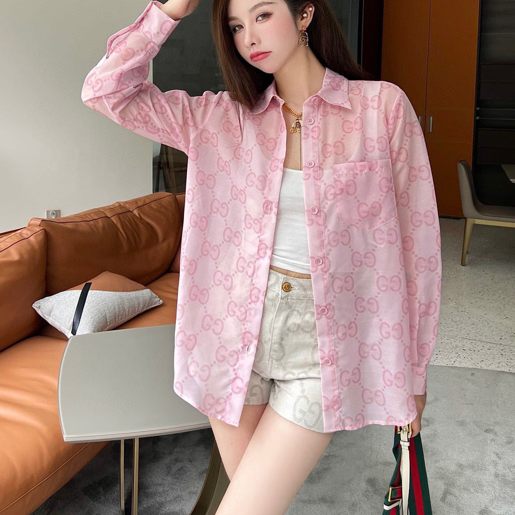 G Letter Print Lightweight Breathable Lapel Long Sleeve Shirt XC07061401
