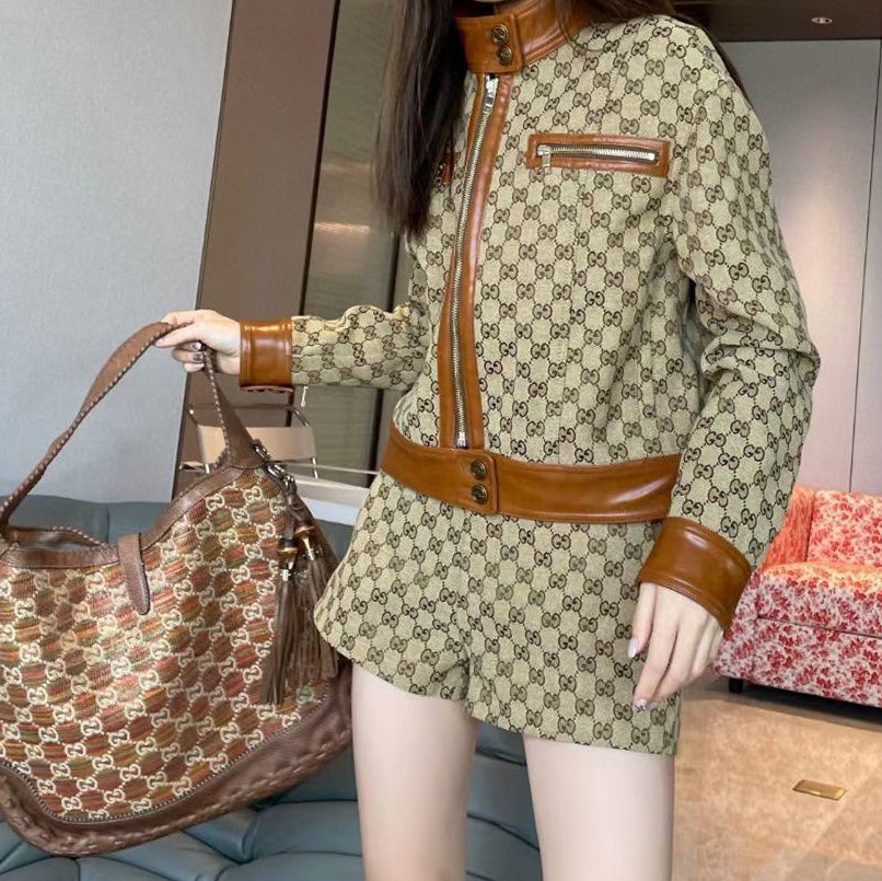 Full letter jacquard retro suit new stand collar jacket and leather jacket shorts two-piece set