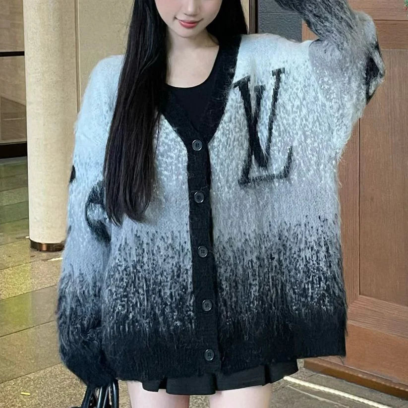 L's Gradient Grey Letter Mohair Cardigan 1024122303