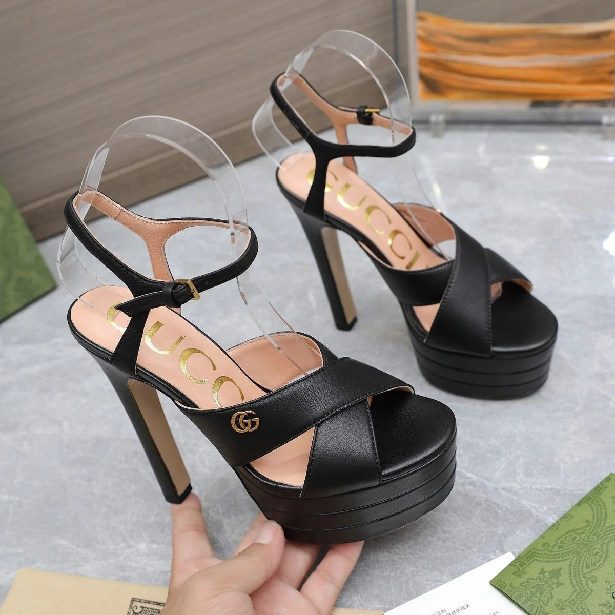 New Black Leather G Logo women's fashion high-heeled(custom style, need wait 15days after payment)