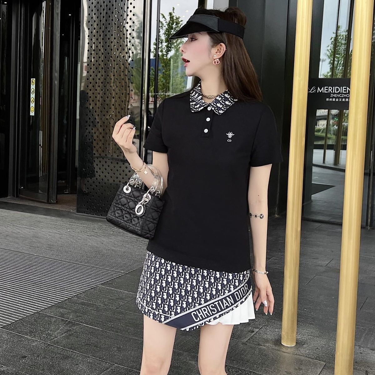 Polo shirt with presbyopic letter pleated skirt slimming suit XC0823071802
