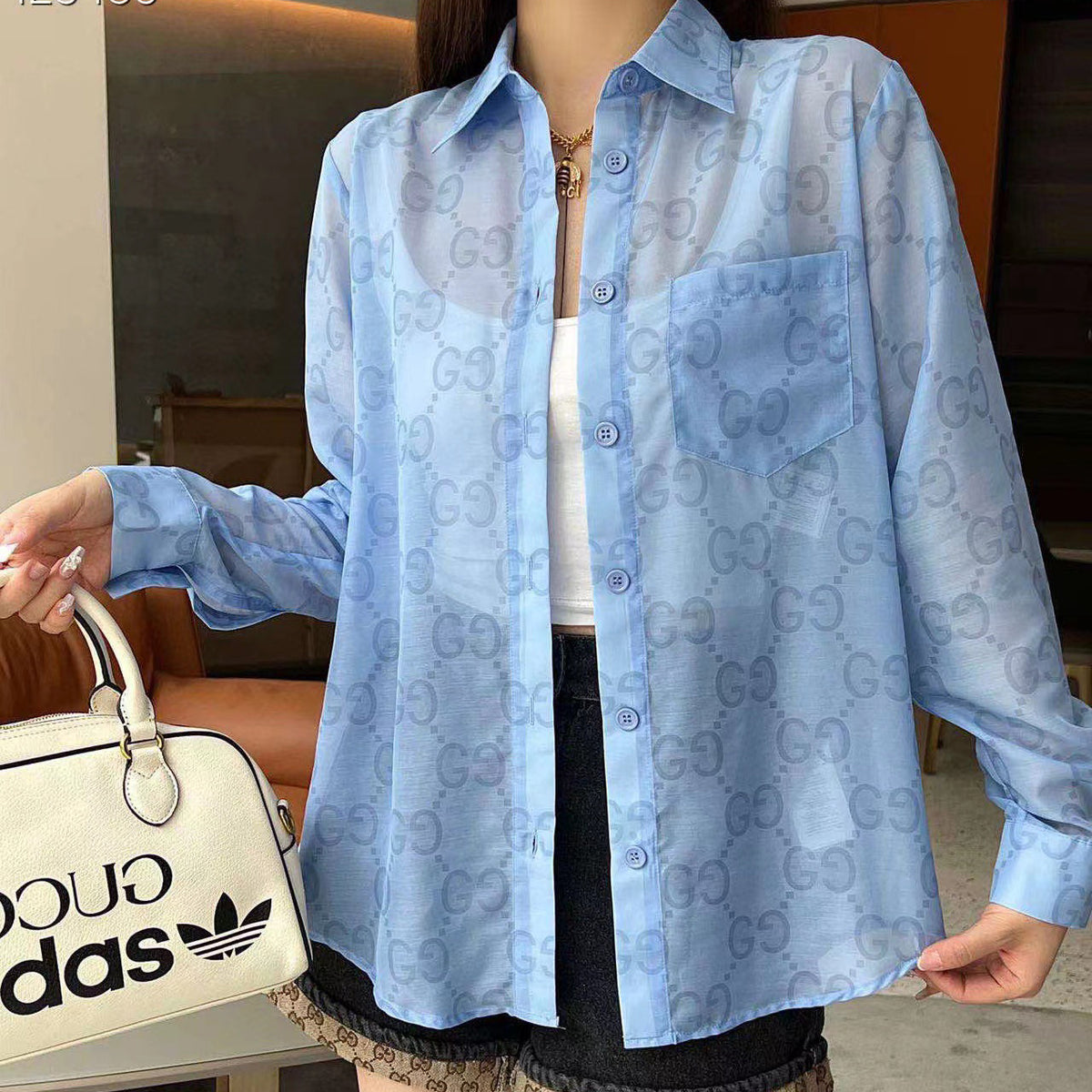 G Letter Print Lightweight Breathable Lapel Long Sleeve Shirt XC07061401