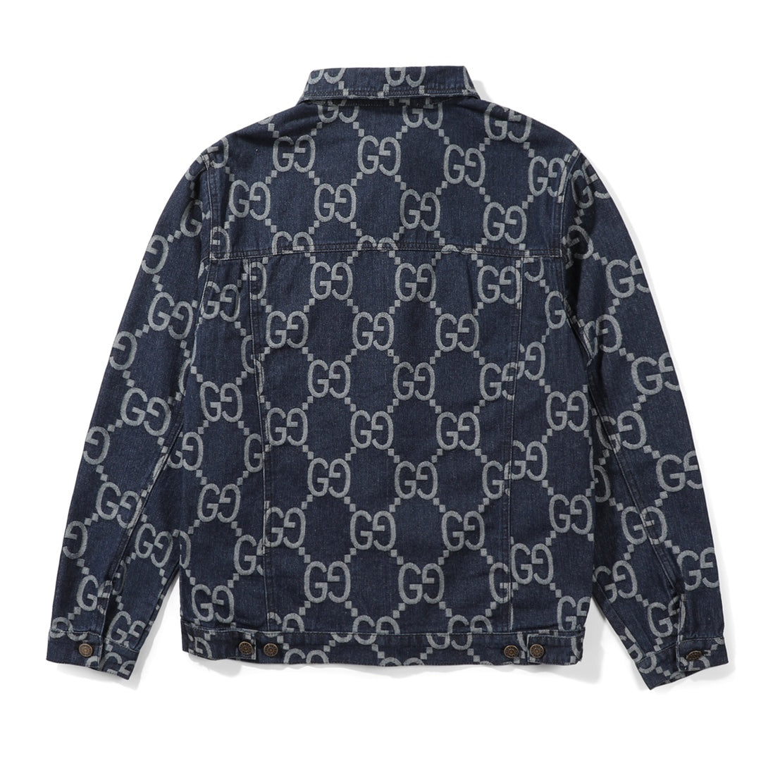 Double G printed presbyopic denim jacket for men and women washed dark blue denim jacket