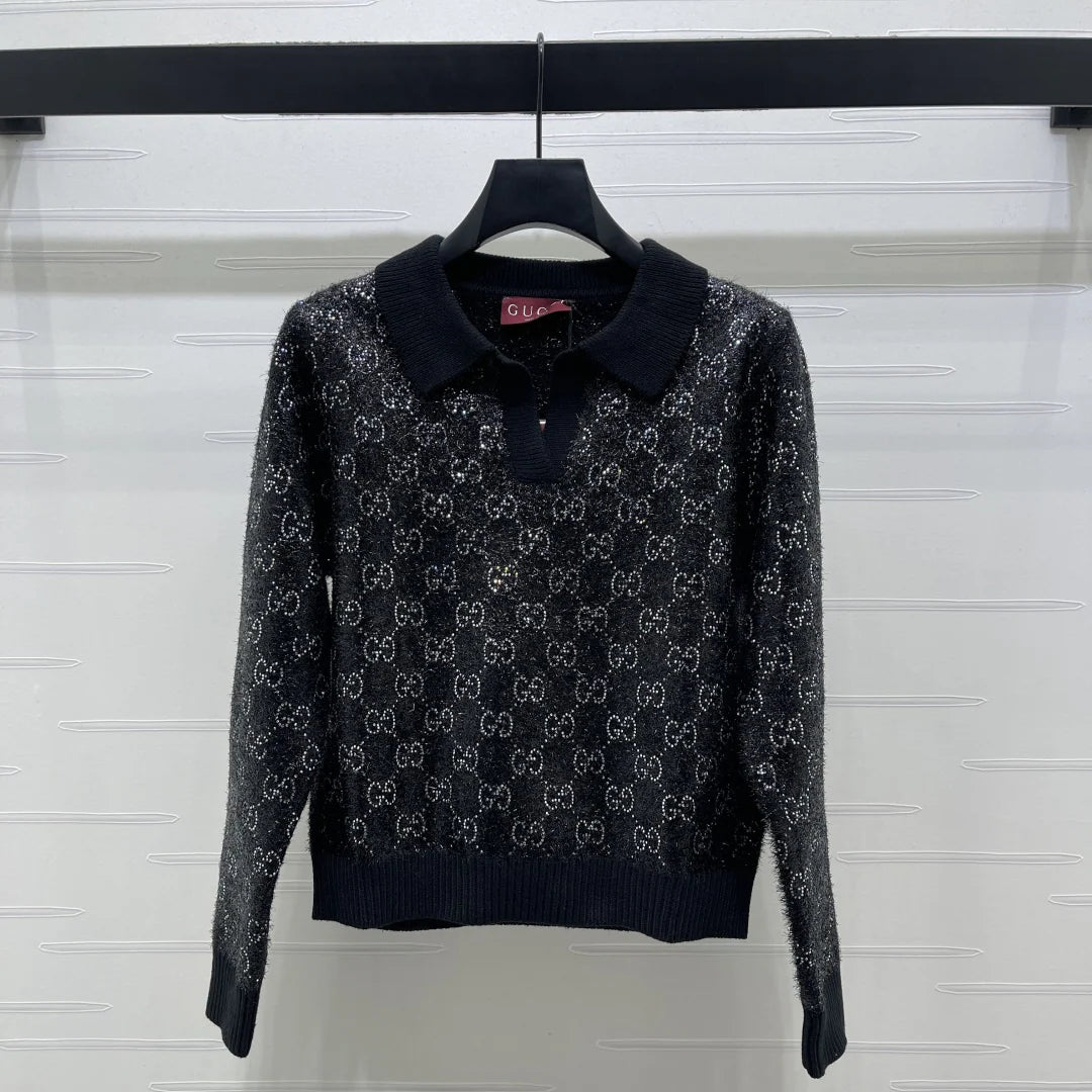 Heavy-duty collar rhinestone knit sweater 1426010407