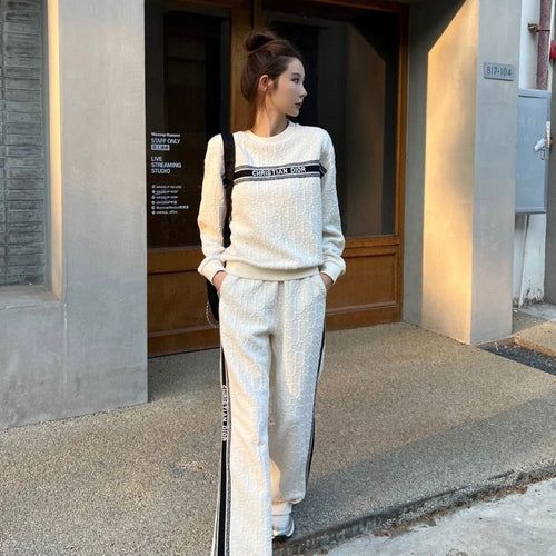 Autumn Jacquard Letters Round Neck Sweater. Straight Casual Pants Two-Piece SetPD052024011011