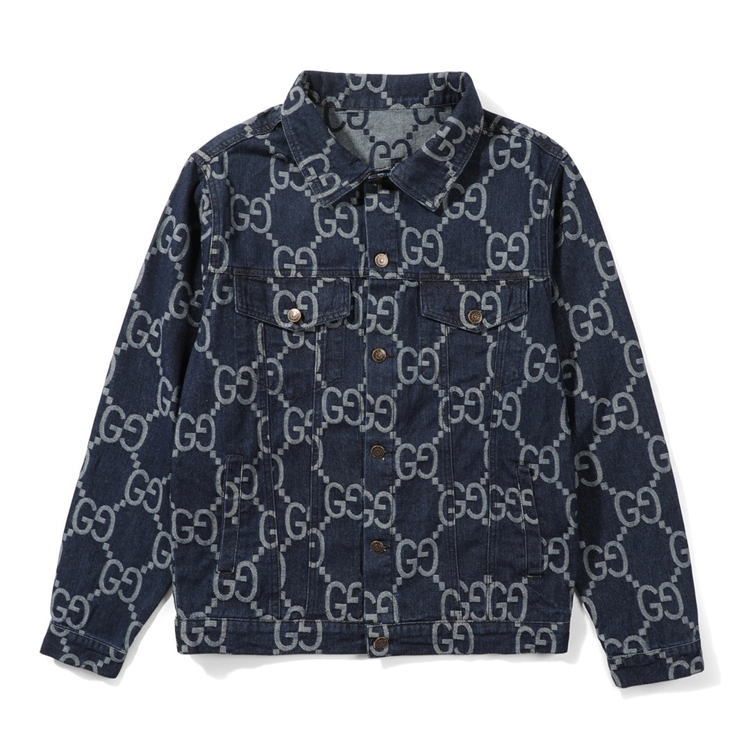 Double G printed presbyopic denim jacket for men and women washed dark blue denim jacket
