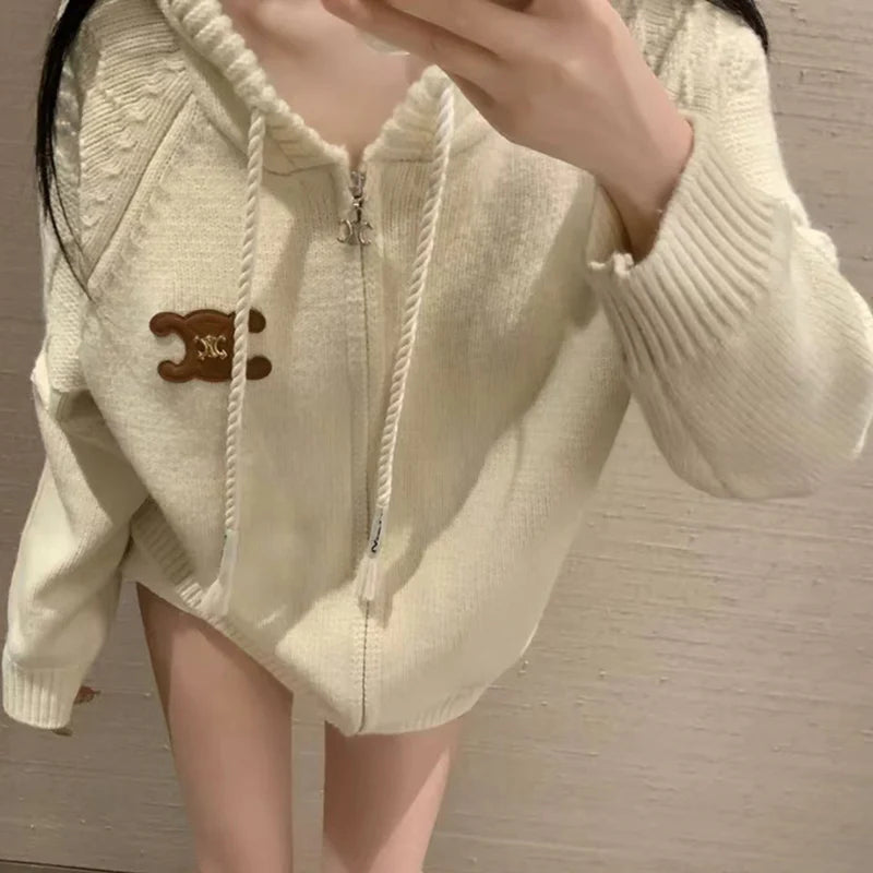 New loose knit hooded Fried Dough Twists cardigan 1024092917