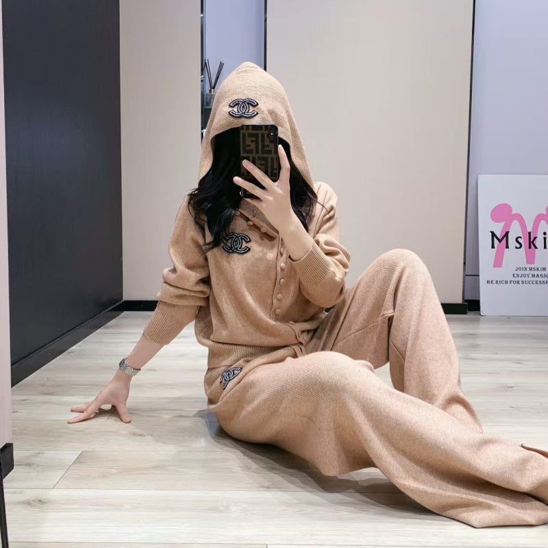 New Fashion Women Hooded Knit 2 Piece Outfit Set DM1326092910