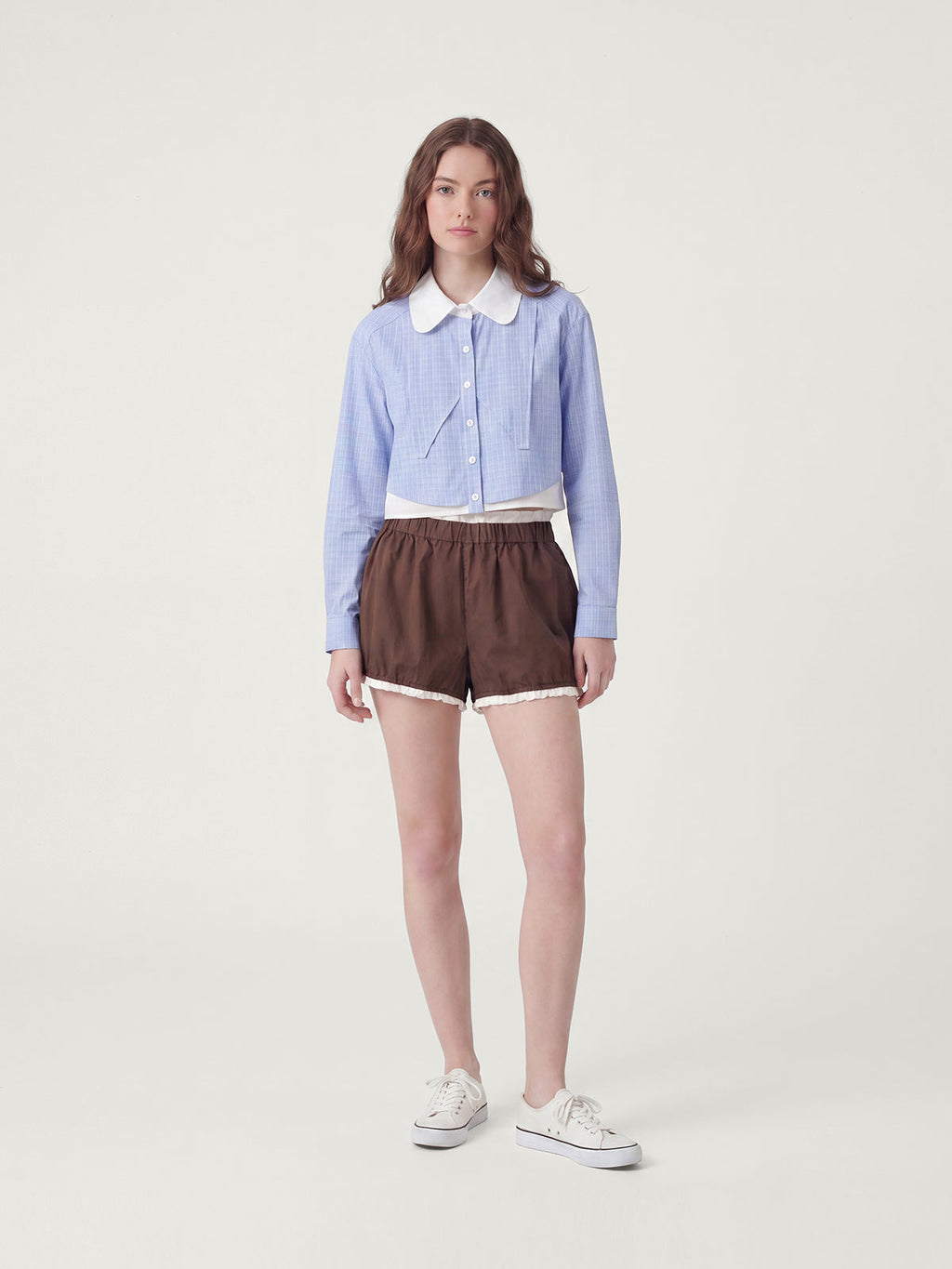 Preppy Blue Grid Cropped Long Sleeve Shirt | KINS CLASS