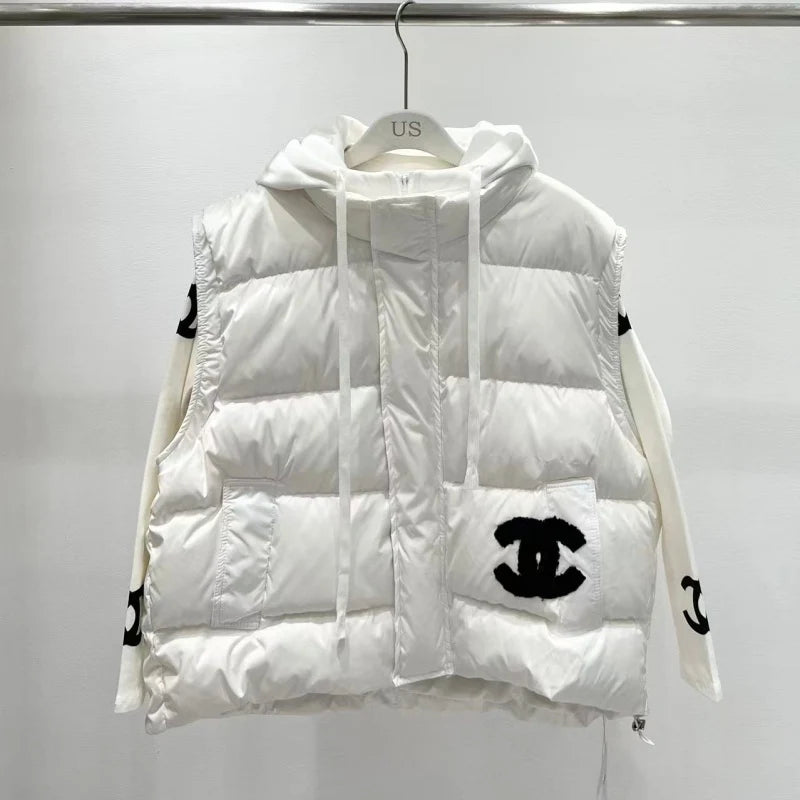 New Fashion Women's Logo Print Long Sleeve Top & Hooded Puffer Vest 2 Piece Set DM1326092009