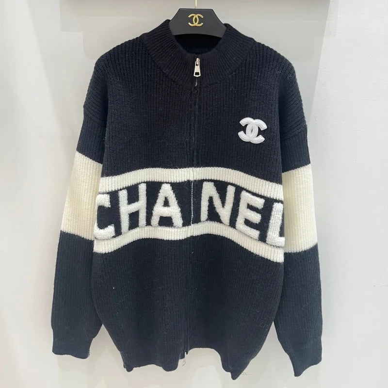 New Fashion Women Color Block Letter Zip Knit Cardigan XC1326091120