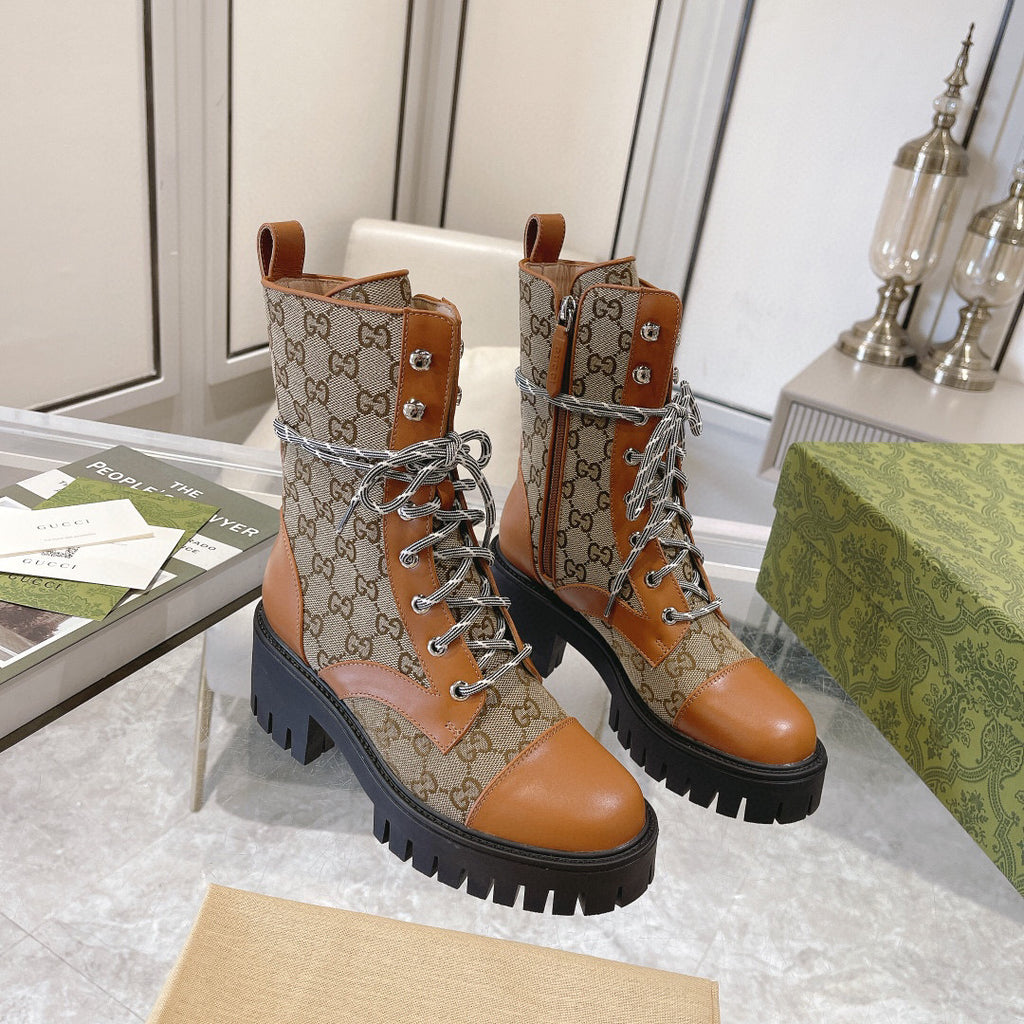 Jacquard canvas lace-up nude boots 0725102401