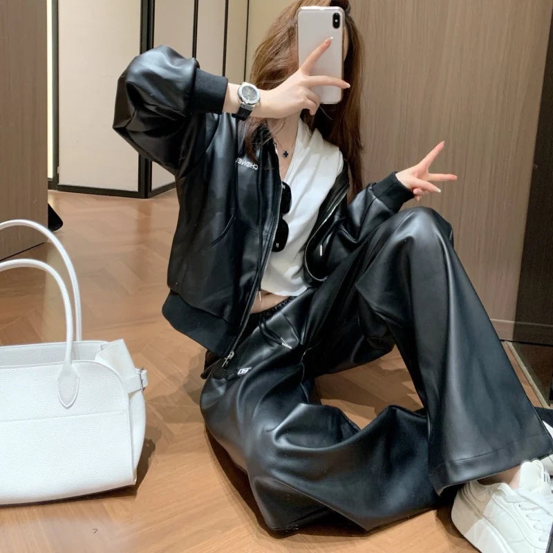 New Fashion Women's Leather Hooded 2 Piece Set DM1326092017