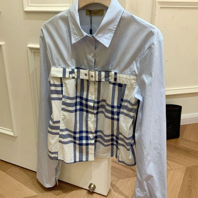 New Fashion Women Spliced Plaid Long Sleeve Shirt PD1326091117