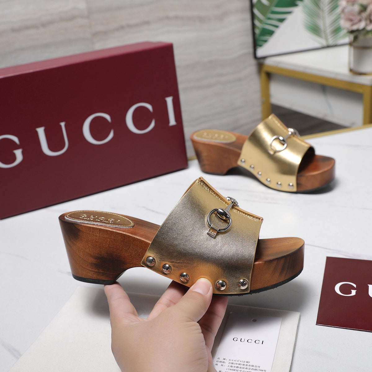 Stylish Women's Horsebit Buckle Solid Wood Platform Slippers 0726051902