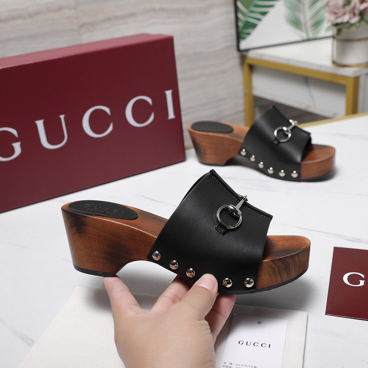Stylish Women's Horsebit Buckle Solid Wood Platform Slippers 0726051902