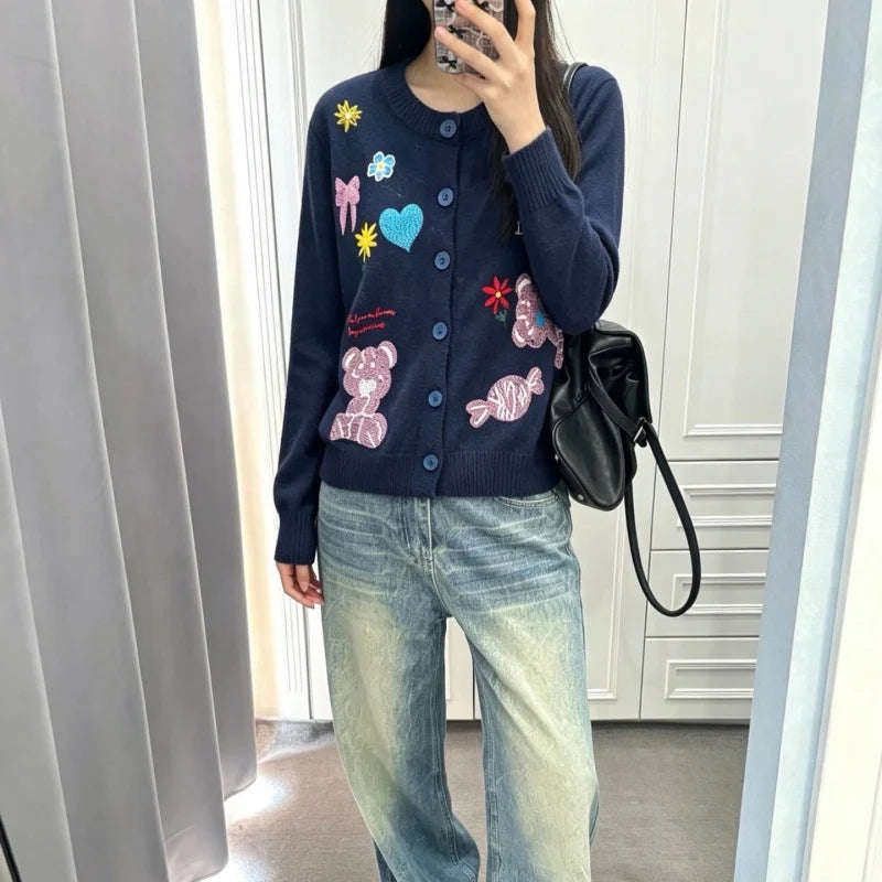 New Fashion Women's Cartoon Embroidery Knit Cardigan DM1326092024