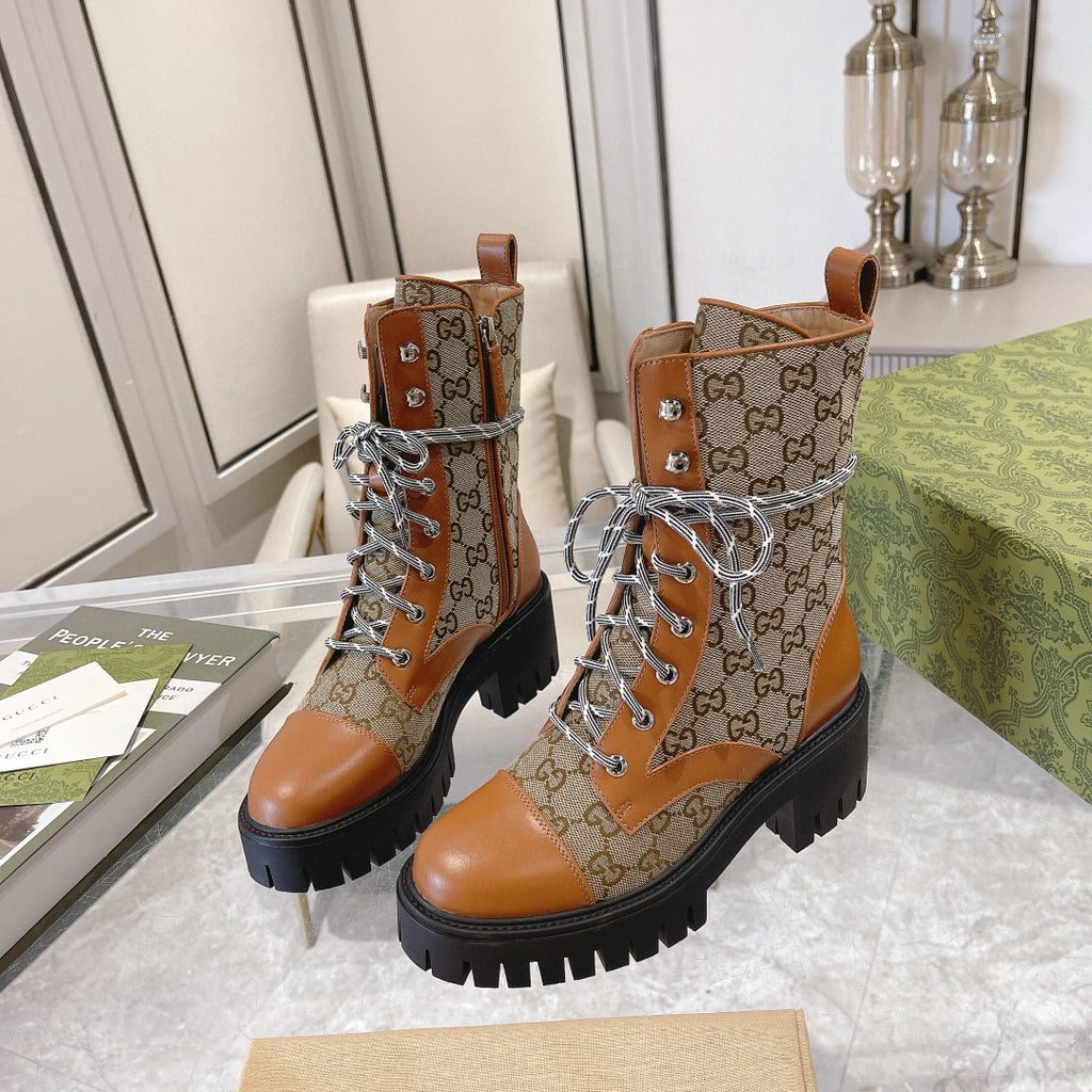 Jacquard canvas lace-up nude boots 0725102401